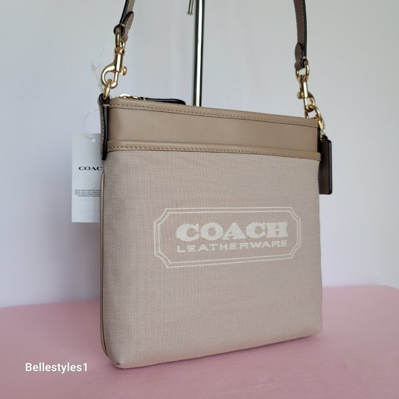 COACH Kitt Badge Jacquard & Smooth Leather Crossbody- Chalk Taupe ⭐ - Picture 2 of 15